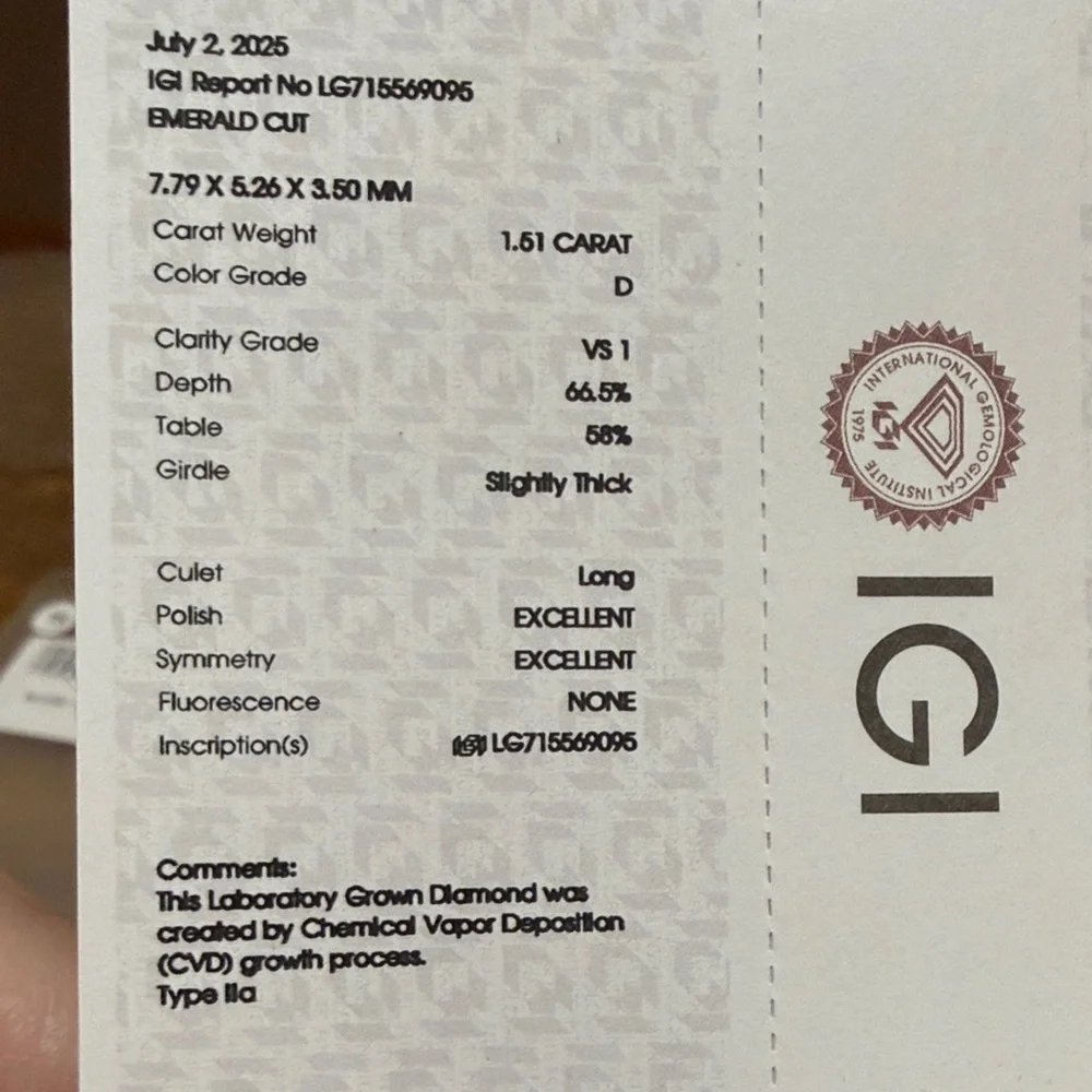NWT 1.51 Carat Emerald Cut Lab Grown Diamond w/Paperwork - Picture 7 of 14